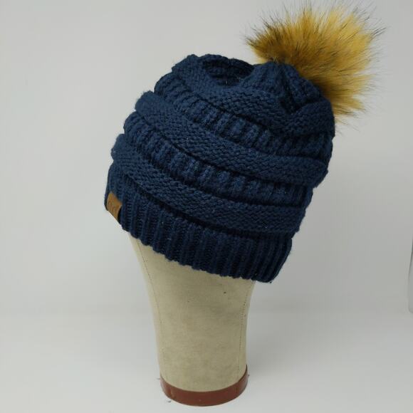 C.C. Women's Cable Knit Beanie Hat Blue Pom Pom Soft Warm 100% Acrylic - Picture 4 of 13